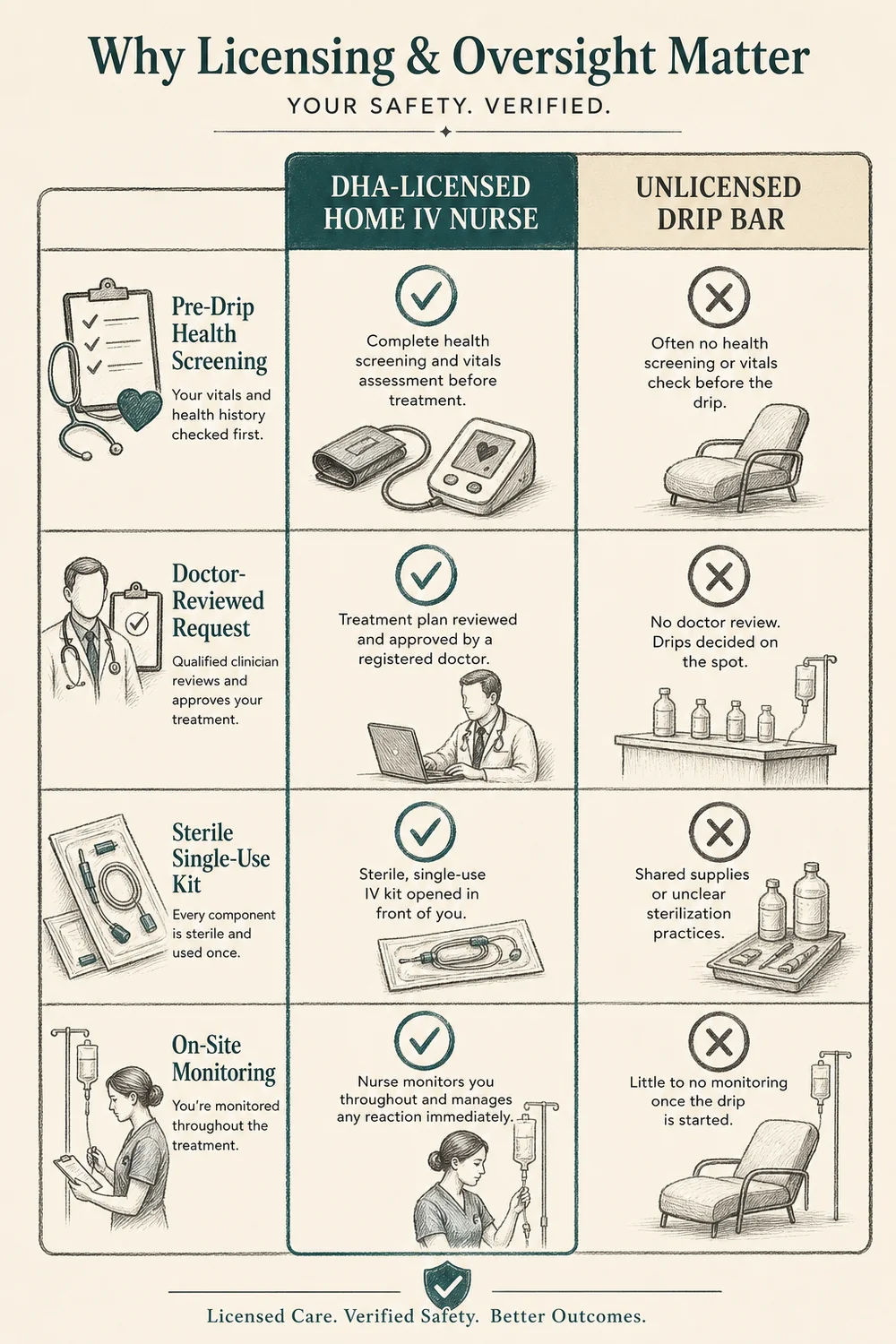 Comparison columns: DHA-licensed home IV nurse vs. unlicensed drip bar, rows for pre-drip health screening, doctor-reviewed request, sterile single-use kit, and on-site monitoring, hand-drawn charcoal linework, deep teal accent on bone background
