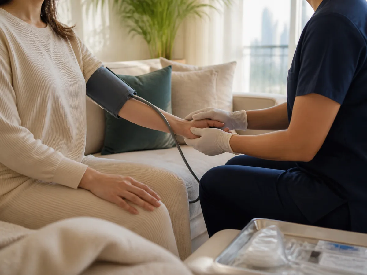 Nurse checking a seated client's blood pressure with a cuff before starting an IV line, home living room, soft morning light