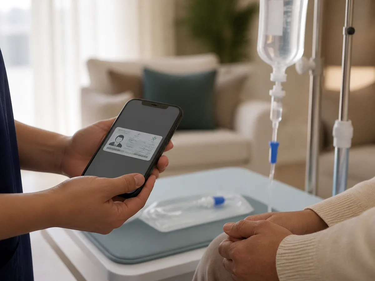 Close-up of hands holding a phone showing a nurse's DHA credential card beside a prepared IV drip stand, verifying credentials before treatment