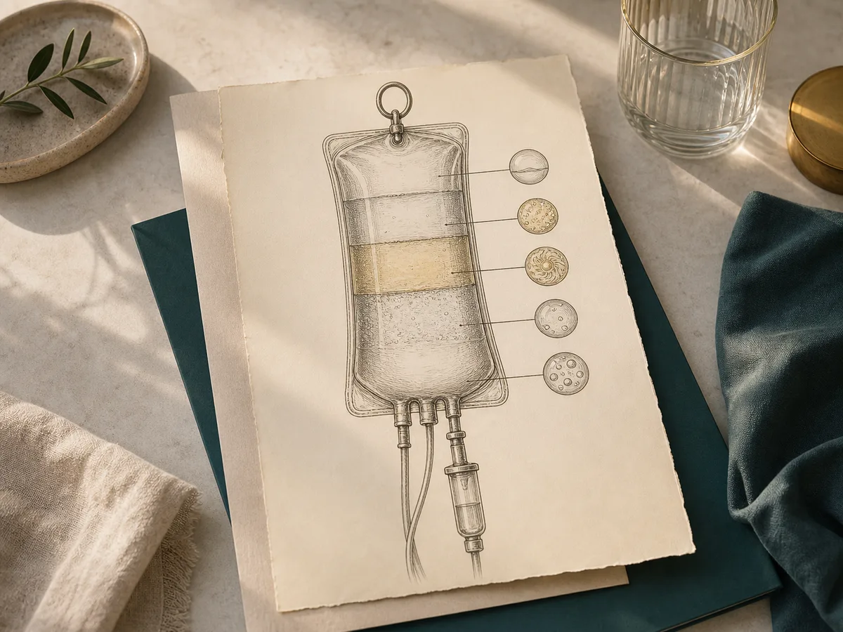 Hand-drawn pharmacopoeia plate of an IV bag with numbered orbital labels for saline base, B-complex, vitamin C, magnesium and electrolytes, bone-coloured paper with pale-gold accents and charcoal ink