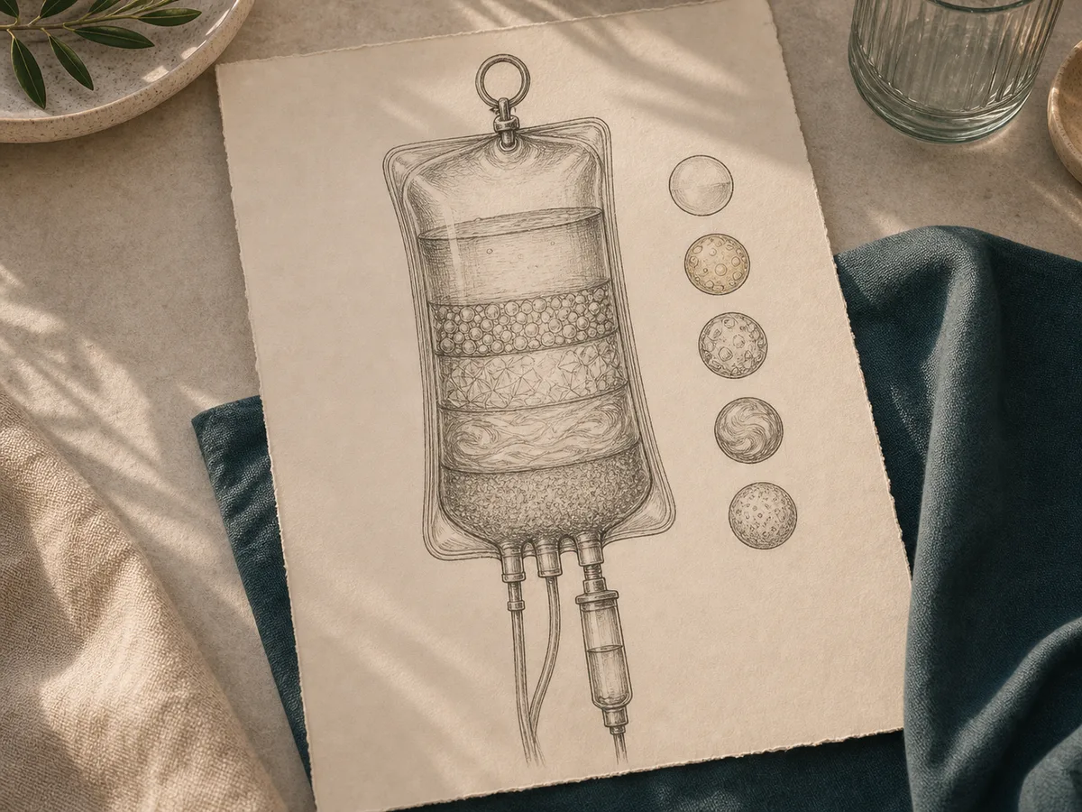 Charcoal hand-drawn cross-section of an IV bag showing layered ingredients with numbered labels for saline, B-complex, vitamin C, magnesium and add-ons, calm scholarly editorial plate