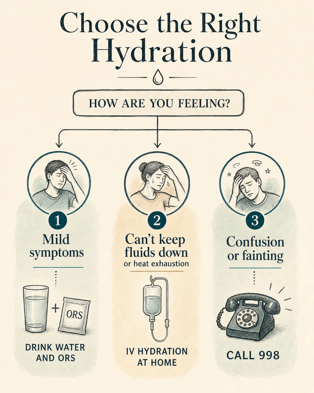 Decision flow comparing oral rehydration vs IV hydration therapy: three branches labeled Mild symptoms, drink water and ORS; Can't keep fluids down or heat exhaustion, IV hydration at home; Confusion or fainting, call 998. Charcoal hand-drawn linework, deep teal accent, bone-coloured background