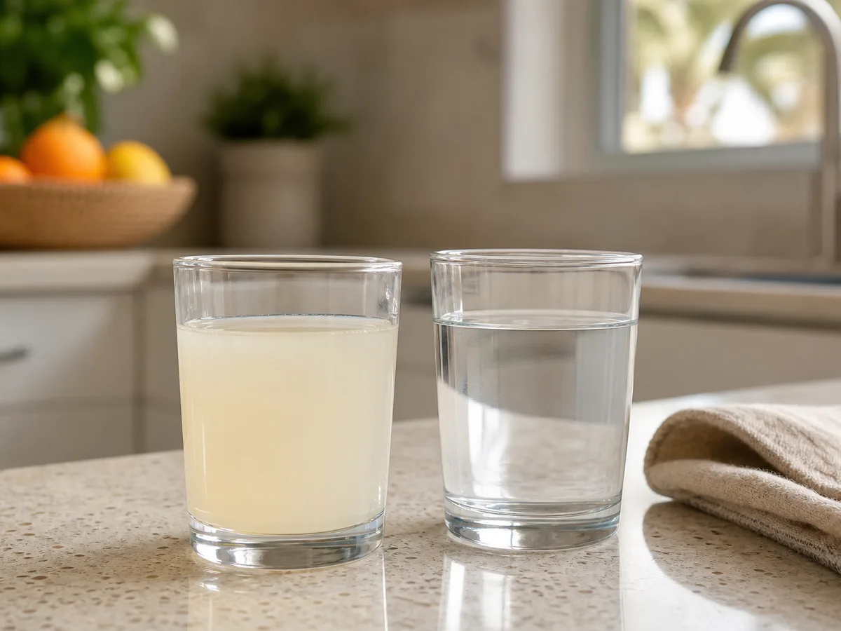 Close-up of a glass of oral rehydration solution beside a glass of water on a kitchen counter, morning light, home setting
