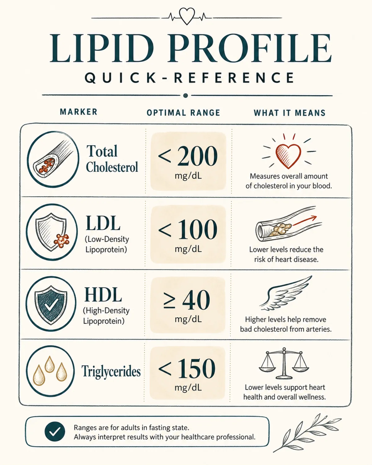 Lipid profile quick-reference: four markers, total cholesterol, LDL, HDL, triglycerides, each shown with its optimal mg/dL range and a one-line meaning, charcoal linework, deep teal accent, print-magazine layout