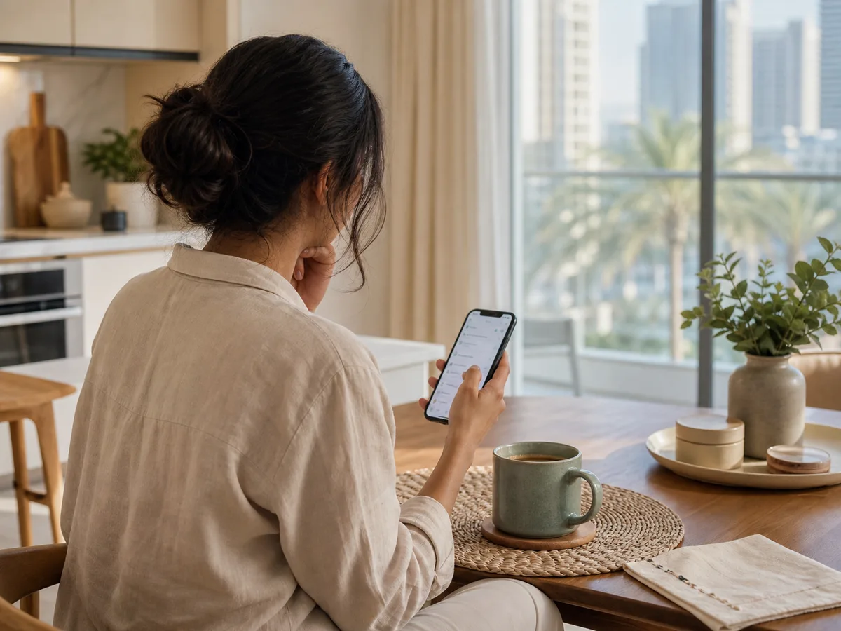 Woman reviewing lab results on her phone at her kitchen table in a Dubai apartment, morning coffee beside her