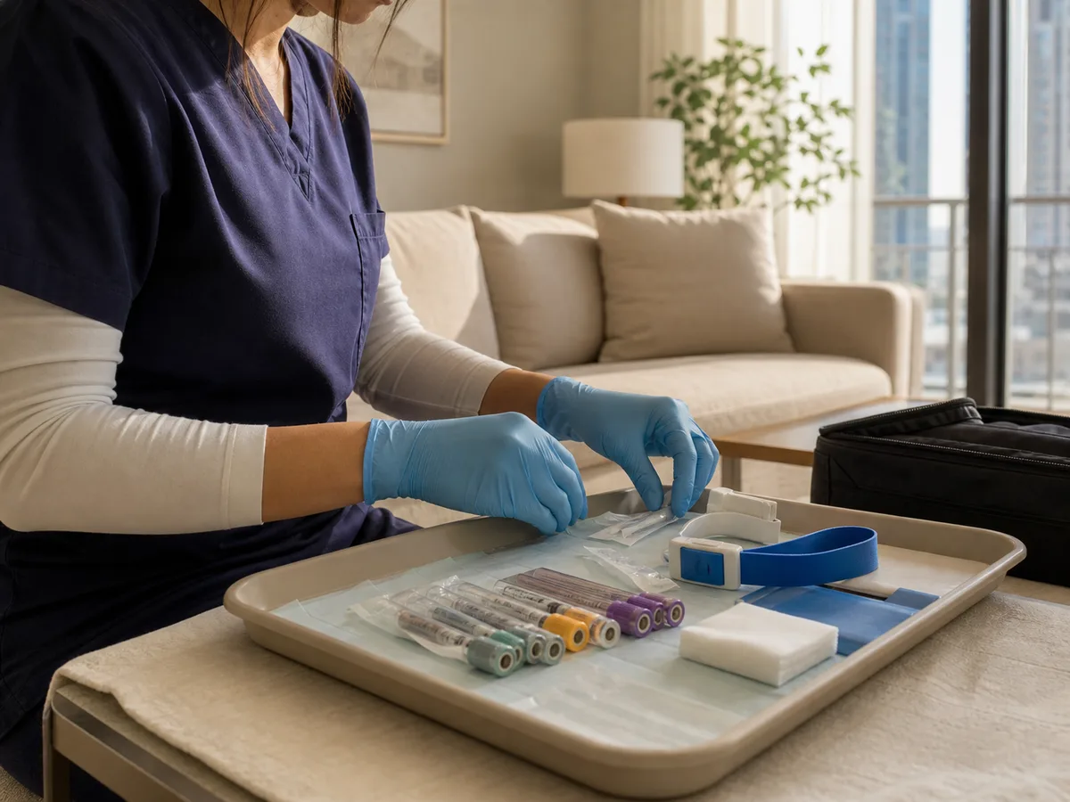 DHA-licensed nurse setting up a home blood draw kit on a tray in a Dubai living room, morning light through the window