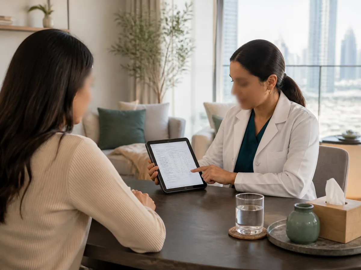DHA-licensed doctor reviewing a printed blood test report on a tablet during a home consultation in Dubai, patient seated across the table