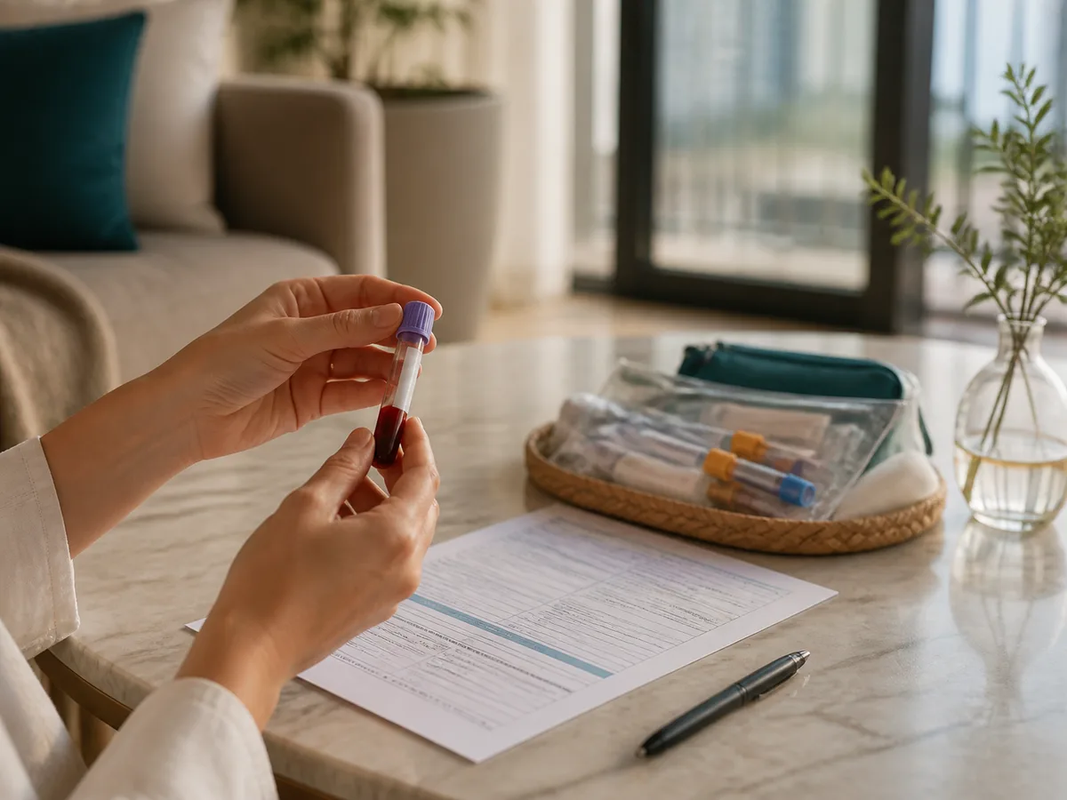 Hands holding a small labeled blood collection tube resting on a home coffee table beside a lab requisition form