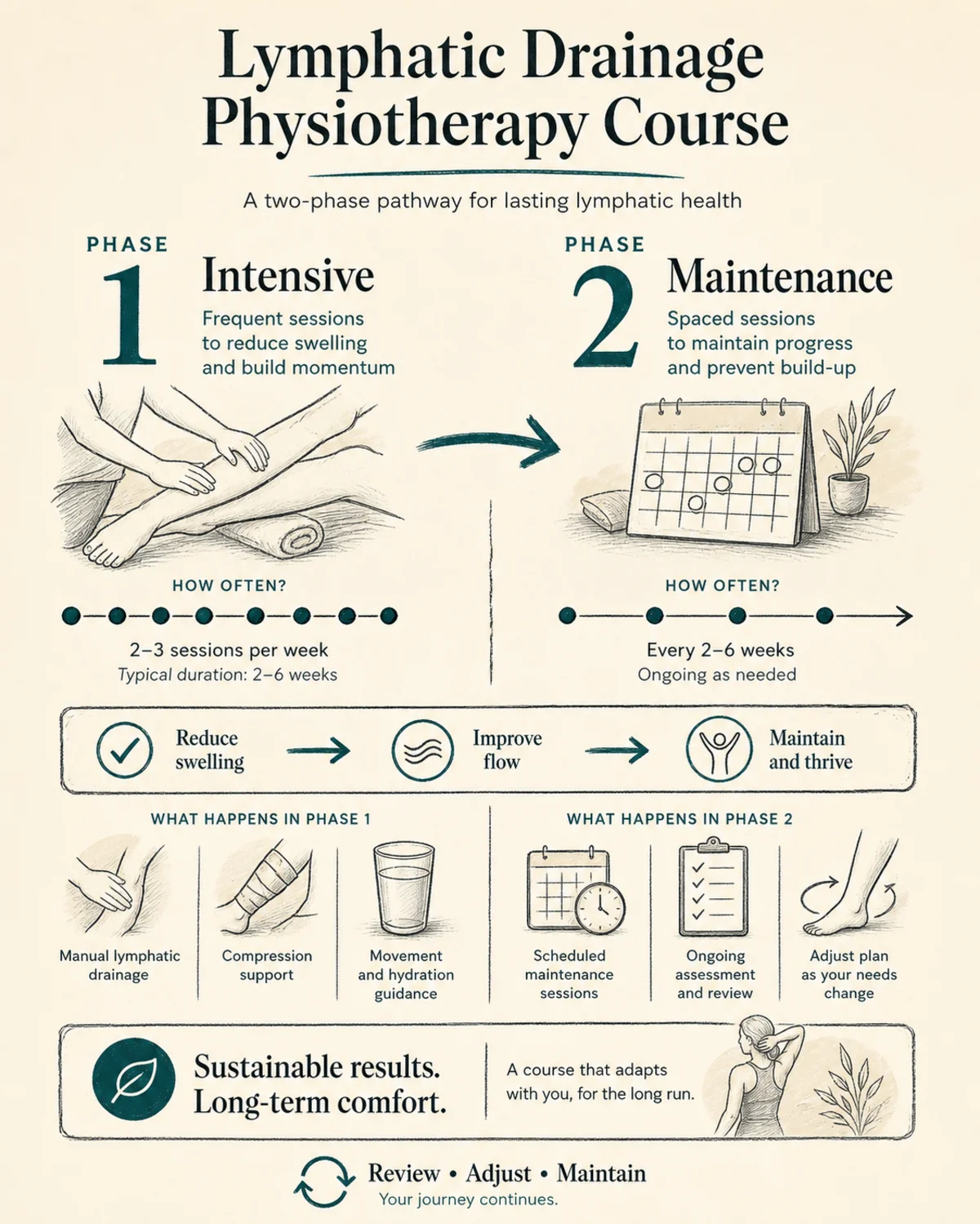 Two-phase timeline diagram of a lymphatic drainage physiotherapy course: Phase 1 Intensive with frequent sessions flowing into Phase 2 Maintenance with spaced, periodically reviewed sessions, charcoal hand-drawn linework, deep teal accent arrows, legible labels