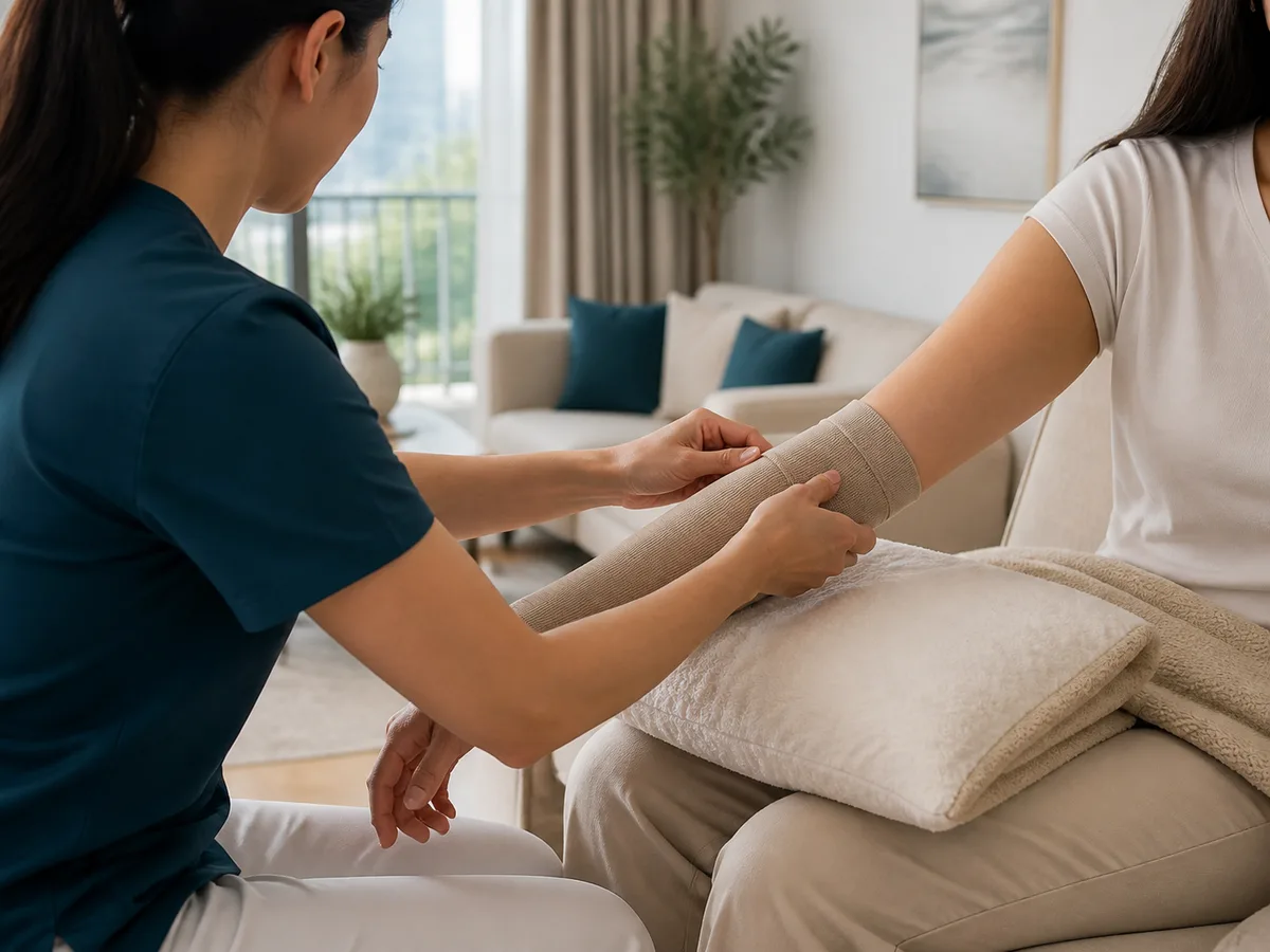 Physiotherapist fitting a compression sleeve on a client's arm at home after a lymphatic drainage session, natural daylight, instructional moment