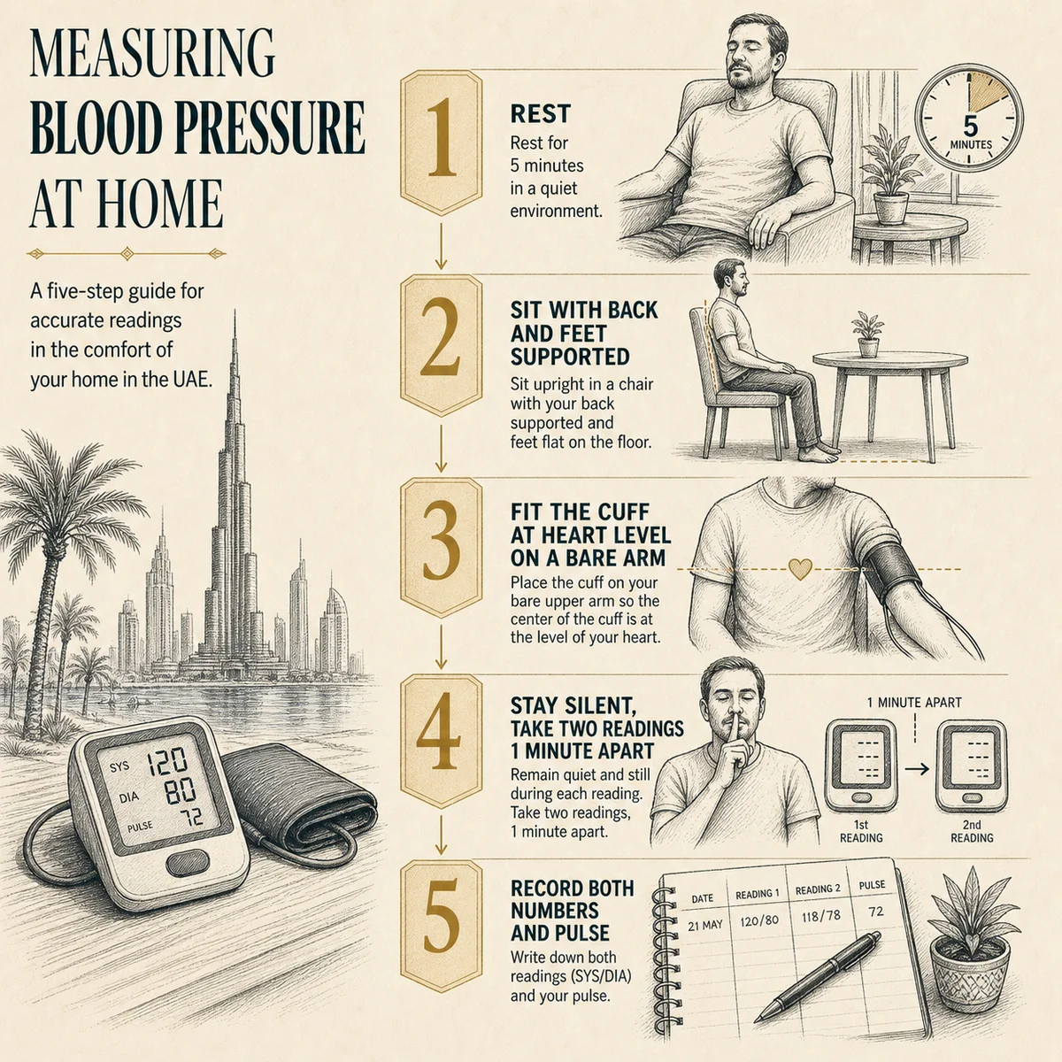Five-step numbered flow for measuring blood pressure at home: 1 Rest 5 minutes, 2 Sit with back and feet supported, 3 Fit the cuff at heart level on a bare arm, 4 Stay silent, take two readings 1 minute apart, 5 Record both numbers and pulse. Charcoal hand-drawn linework on bone background, pale-gold numbered labels and thin connector arrows, 1900s scientific-plate style