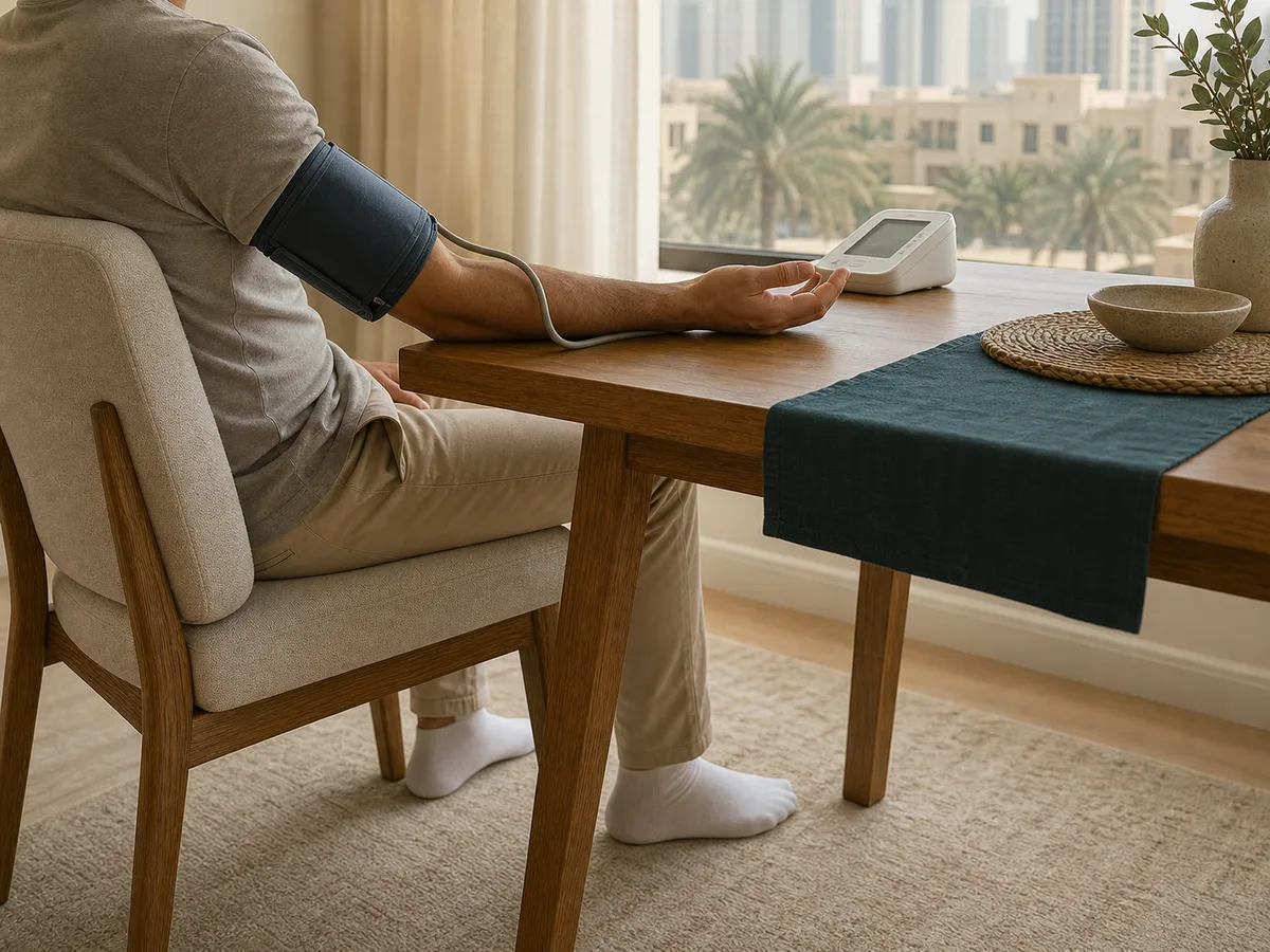 A person's forearm resting on a table with a correctly fitted upper-arm blood pressure cuff, back supported in a dining chair, feet flat on the floor, calm Dubai home, soft daylight, no face visible
