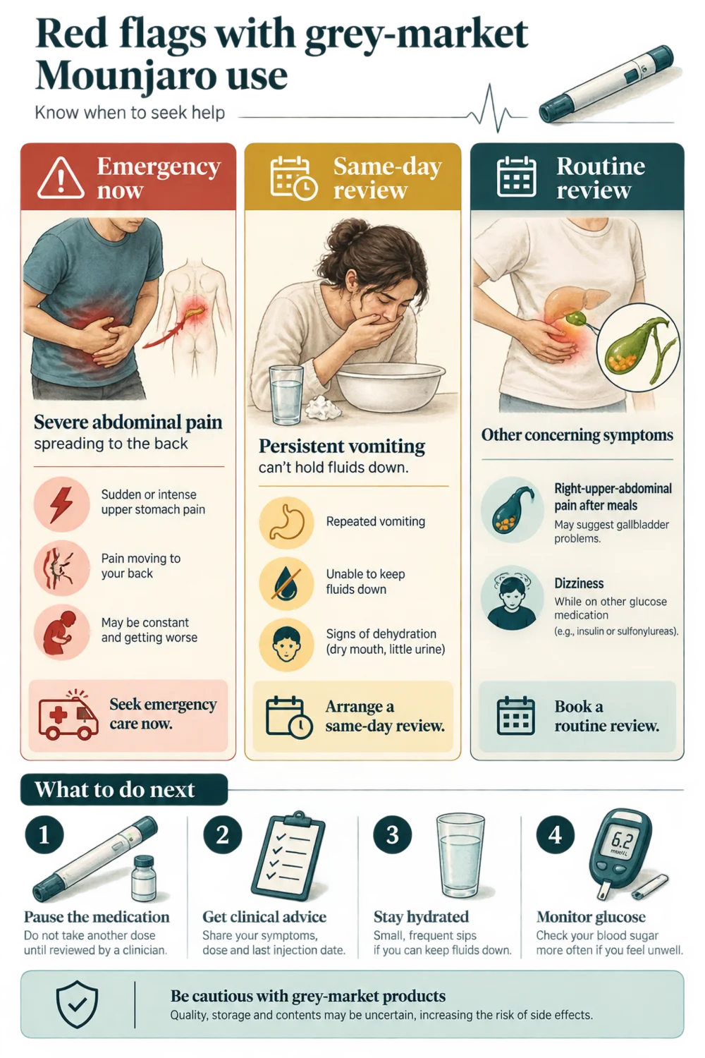 Three-column red-flag triage table for grey-market Mounjaro use: Emergency now (severe abdominal pain spreading to the back), Same-day review (persistent vomiting, can't hold fluids down), Routine review (right-upper-abdominal pain after meals, dizziness while on other glucose medication), charcoal linework, deep teal accents, legible column headers