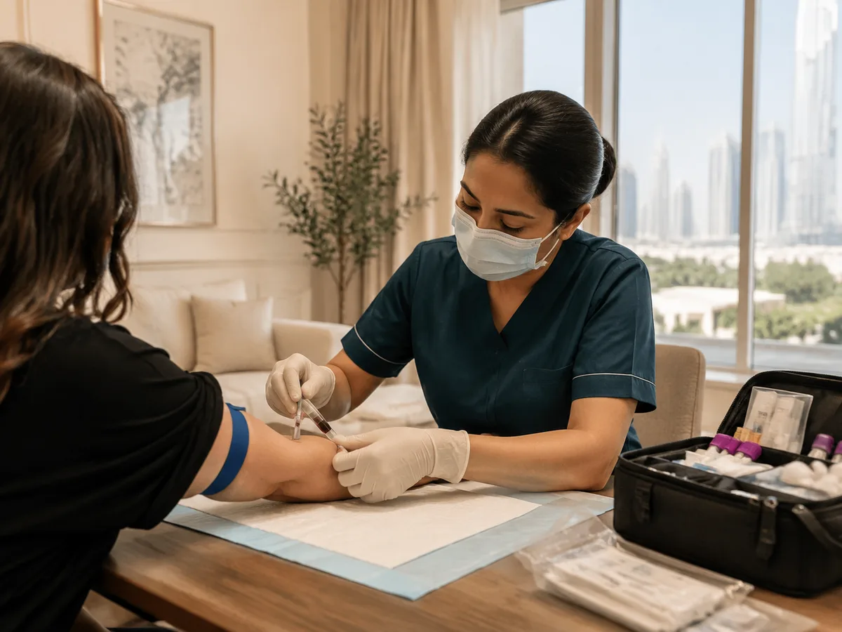 DHA-licensed nurse drawing a blood sample from a seated patient's arm at a home dining table in Dubai, medical kit open beside her, soft morning light