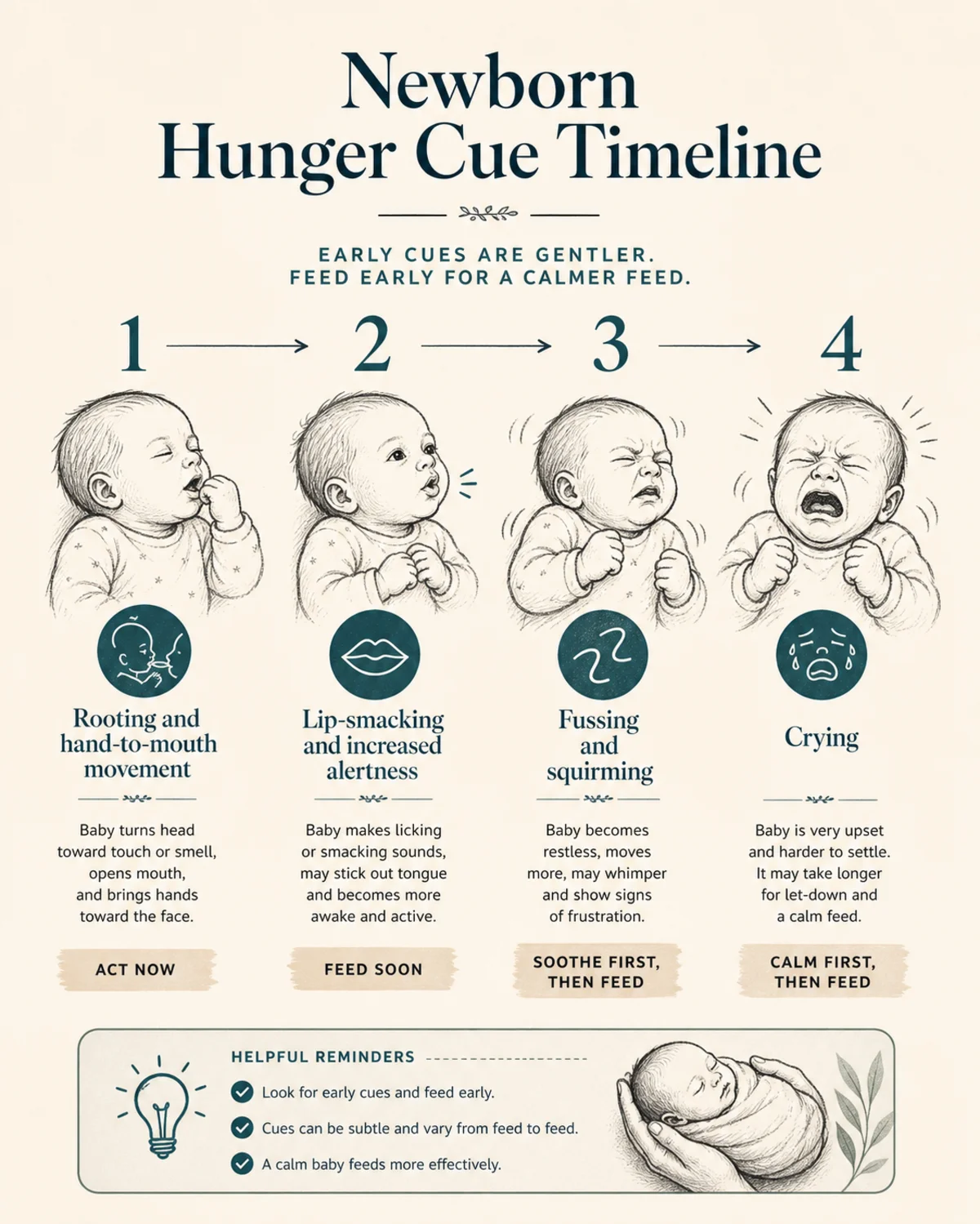 Newborn hunger cue timeline, four steps left to right: rooting and hand-to-mouth movement, lip-smacking and increased alertness, fussing and squirming, crying; charcoal linework illustration with deep teal accents and labeled captions