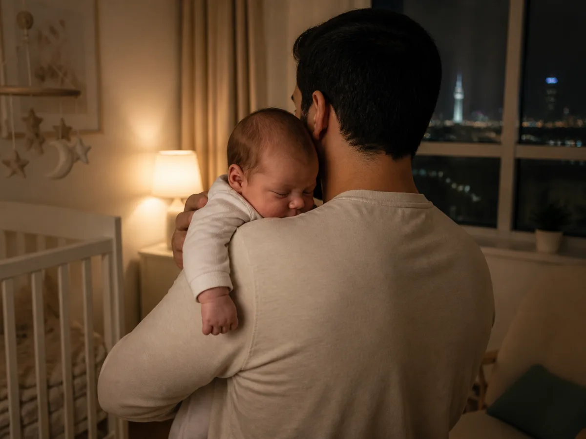 Father gently burping his newborn against his shoulder in a dim nursery at night, baby's fists relaxed