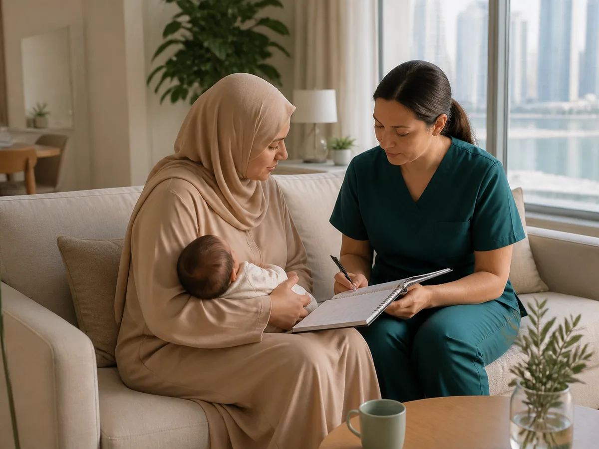 DHA-licensed home nurse sitting with a new mother on a sofa, newborn in her arms, both looking at a feeding log notebook in a Dubai living room