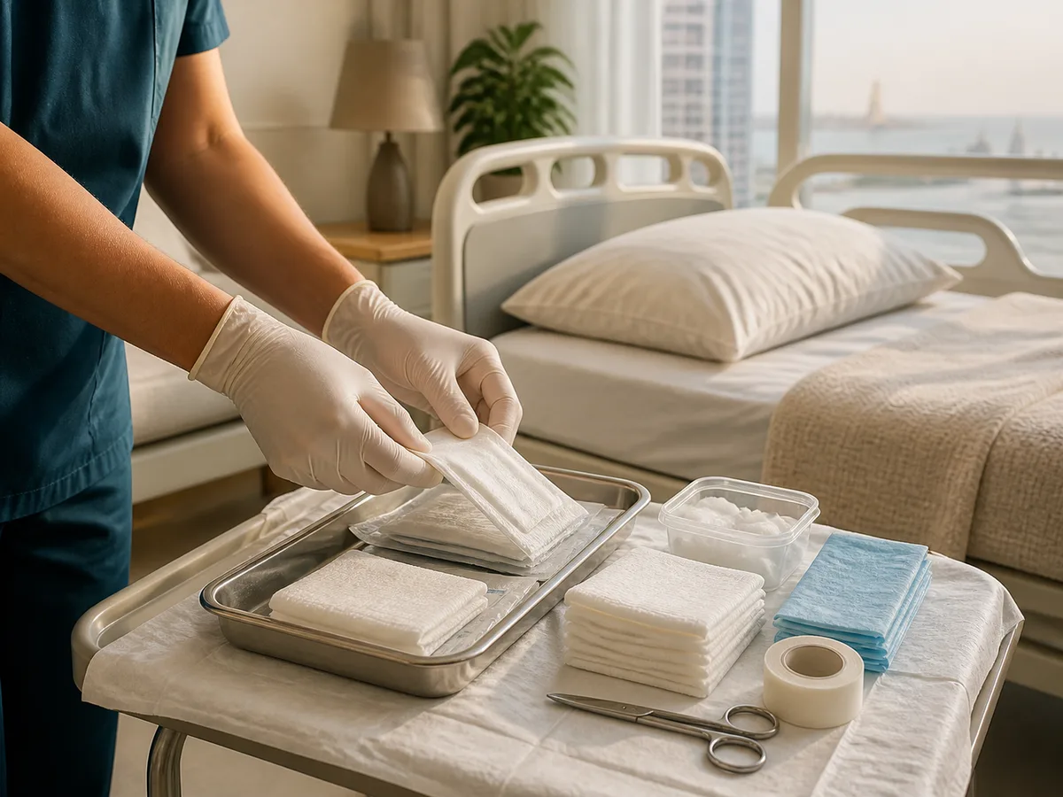 Nurse's hands preparing a sterile dressing kit on a tray beside a home hospital bed in Dubai