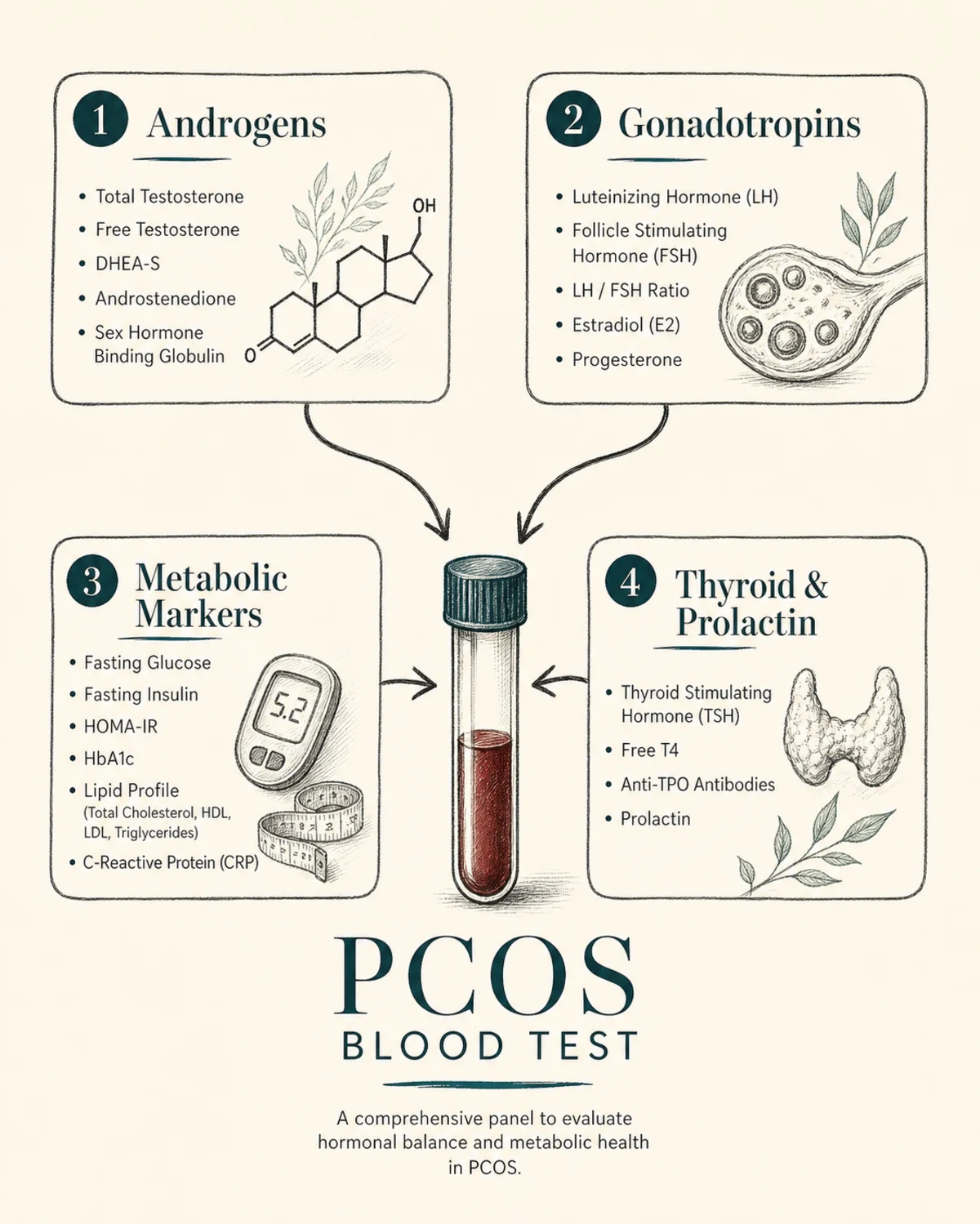 Panel-contents graphic: four marker groups feeding into one PCOS blood test, androgens, gonadotropins, metabolic markers, thyroid and prolactin, charcoal linework, deep teal accent