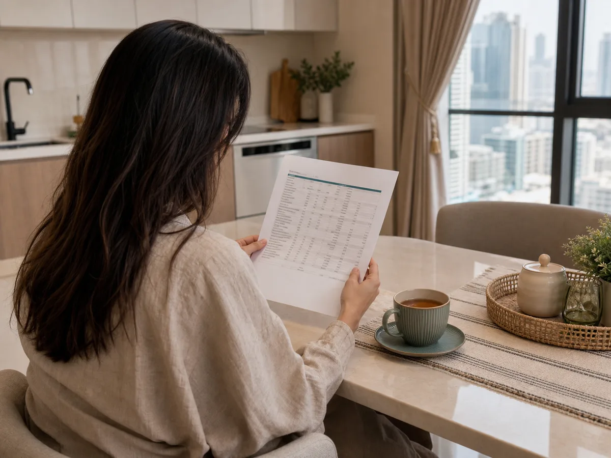 Woman reviewing a lab results printout at her kitchen table beside a cup of tea, Dubai apartment interior