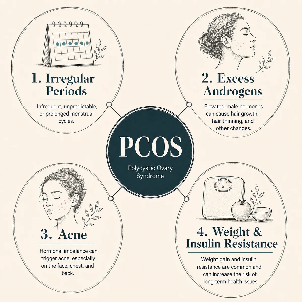Four-branch diagram of the core PCOS symptom clusters: irregular periods, excess androgens, acne, weight and insulin resistance, with a central PCOS label. Charcoal linework, deep teal accent