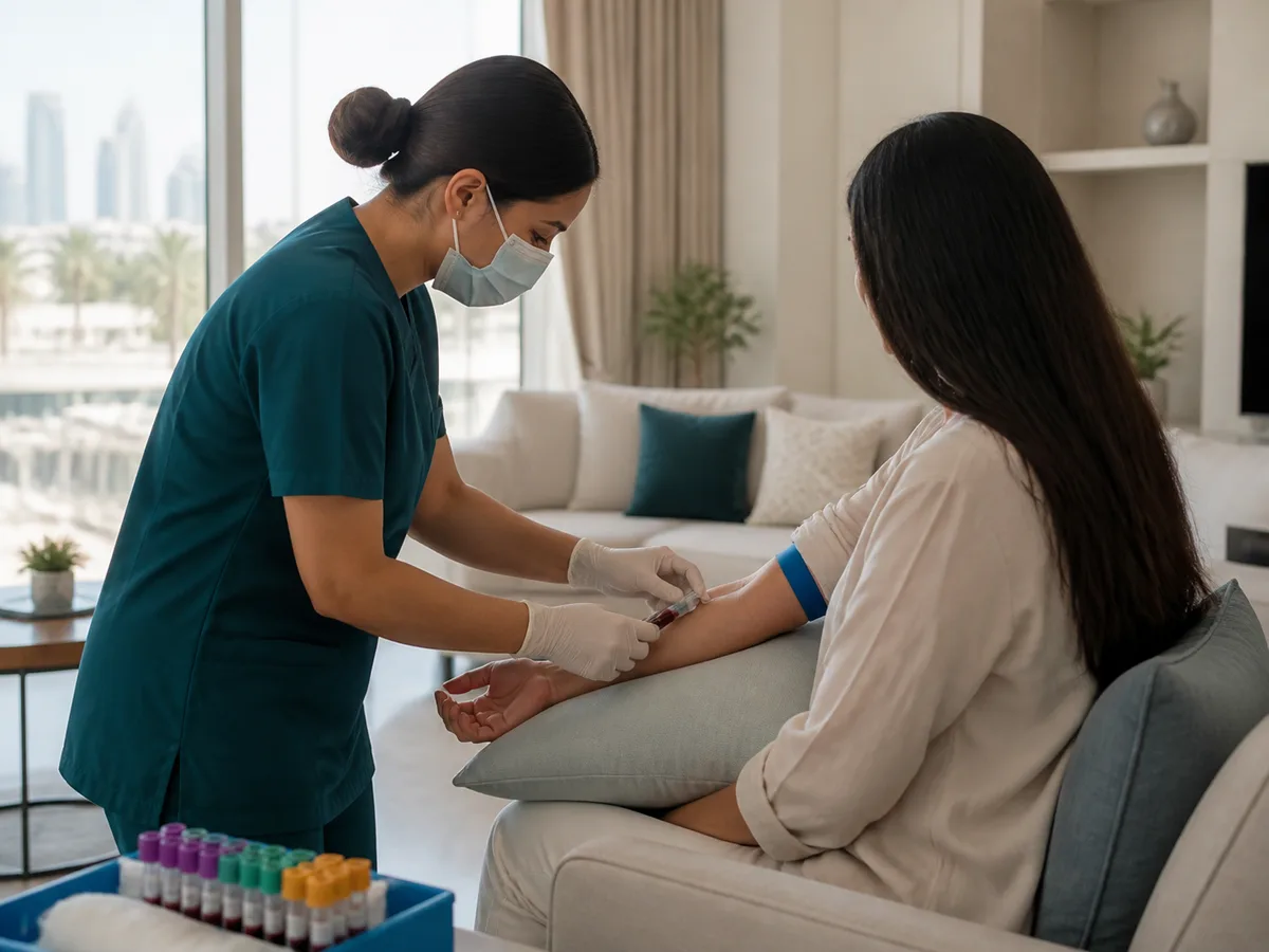 DHA-licensed nurse drawing a blood sample from a seated woman's arm in a bright Dubai living room