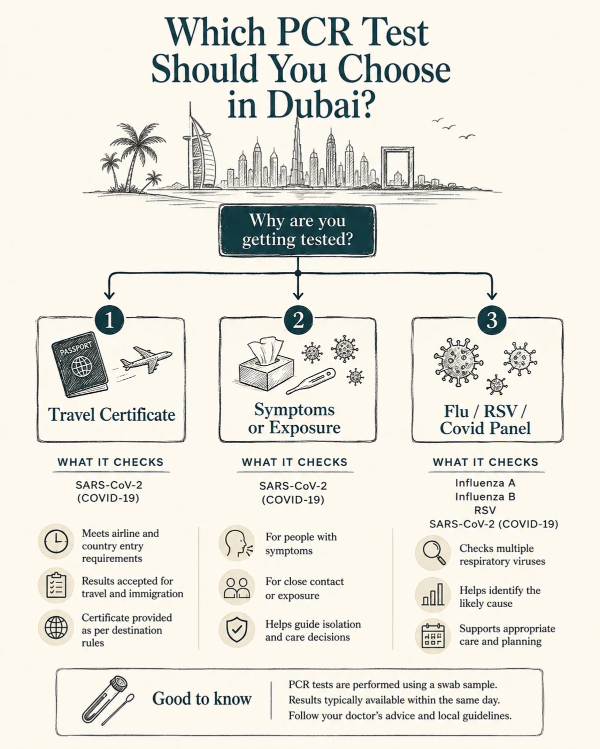 Decision tree for choosing a PCR test in Dubai with three branches: travel certificate, symptoms or exposure, and flu/RSV/Covid panel, each labeled with what it checks, charcoal linework, deep teal accent