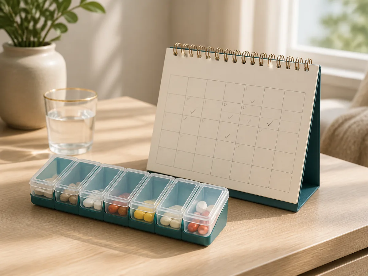 Editorial still-life of a seven-day pill organizer and a plain wall calendar with four weeks lightly marked, on a pale wood table in soft daylight, calm neutral tones, no faces, narrow depth of field