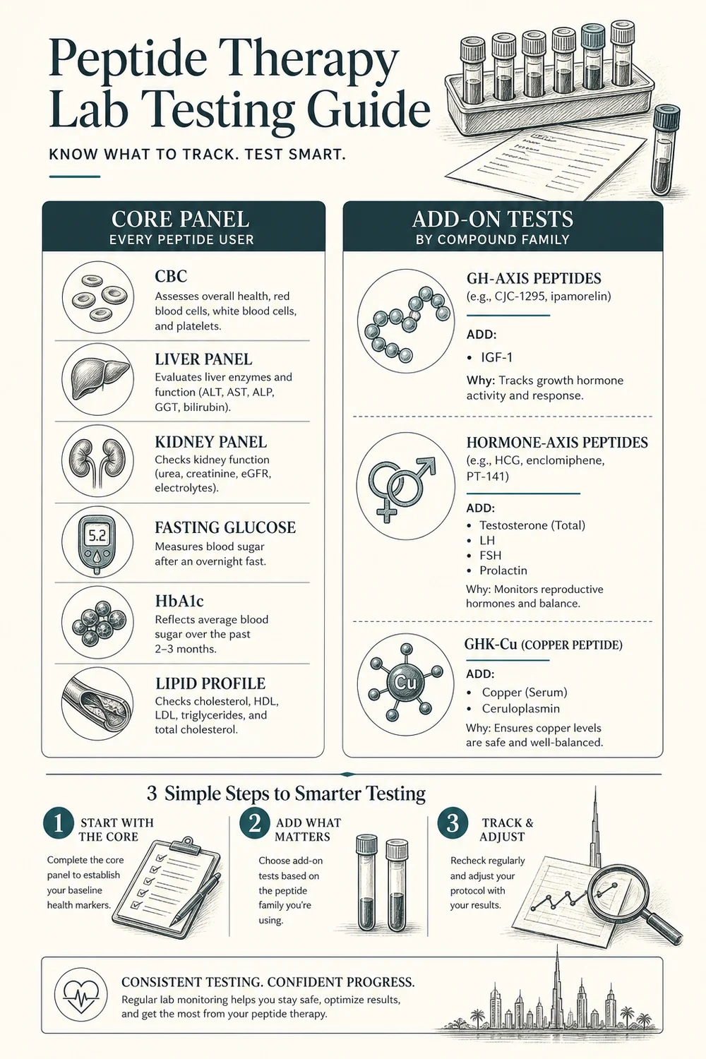 Comparison columns: core panel for every peptide user (CBC, liver, kidney, fasting glucose, HbA1c, lipids) vs add-on tests by compound family (GH-axis needs IGF-1, hormone-axis needs testosterone/LH/FSH/prolactin, GHK-Cu needs copper/ceruloplasmin), charcoal linework, deep teal accents