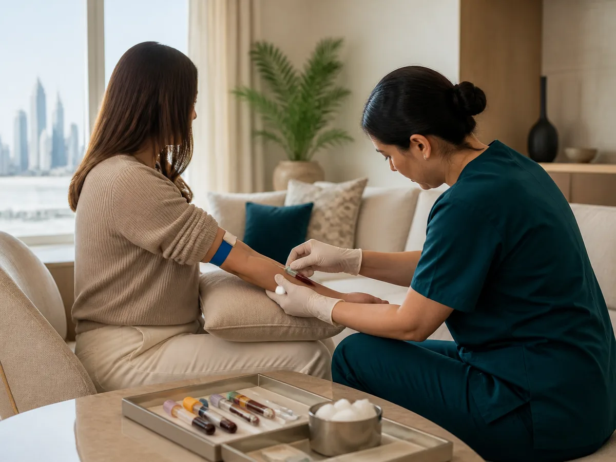 DHA-licensed nurse drawing blood from a seated patient's arm in a Dubai living room, tourniquet and vial visible, natural window light