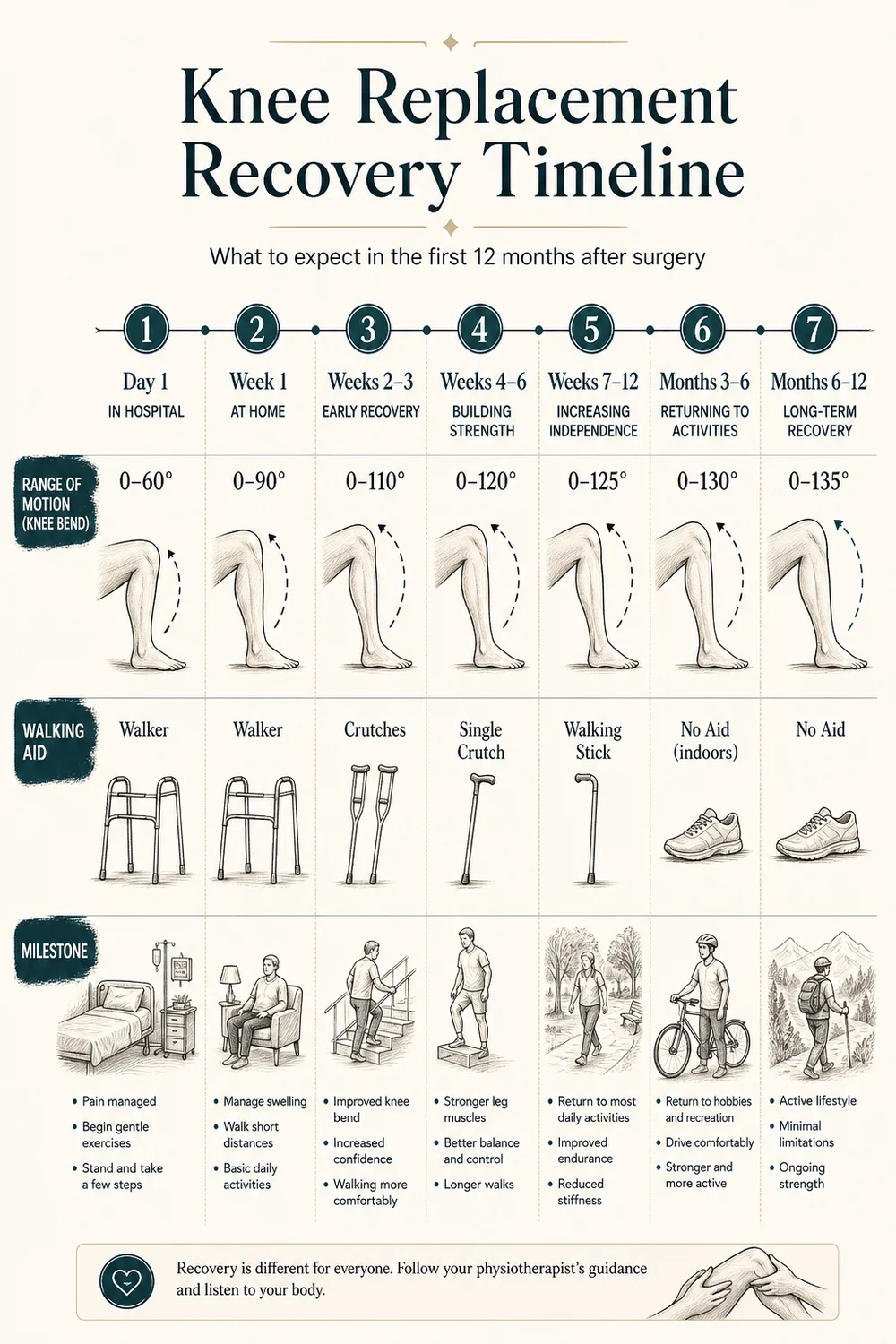 Week-by-week knee replacement recovery timeline infographic: seven stages from Day 1 to 12 months, each showing range-of-motion degrees, walking aid, and milestone. Horizontal flow, charcoal linework, deep teal accents, legible labels