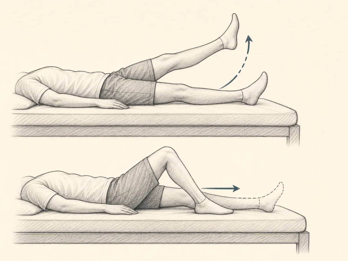 Labelled illustration of a straight-leg raise and a heel slide exercise on a firm bed, charcoal linework with directional arrows showing the movement
