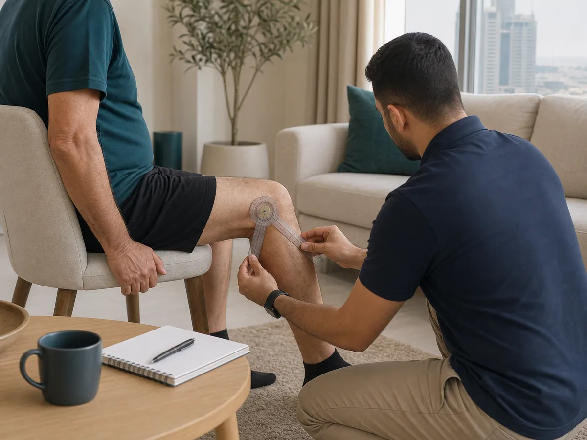 A home physiotherapist kneeling beside a seated patient, measuring knee bend with a goniometer in a calm Dubai apartment, notebook on the table