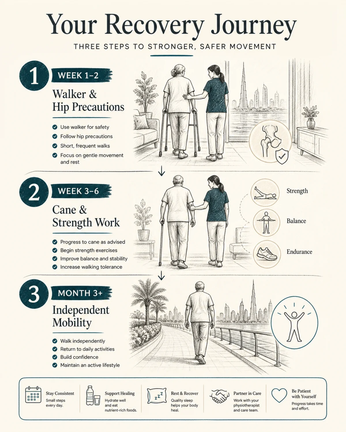 Three-step numbered recovery flow: Week 1-2 walker and hip precautions, Week 3-6 cane and strength work, Month 3+ independent mobility, charcoal hand-drawn linework, deep teal accents