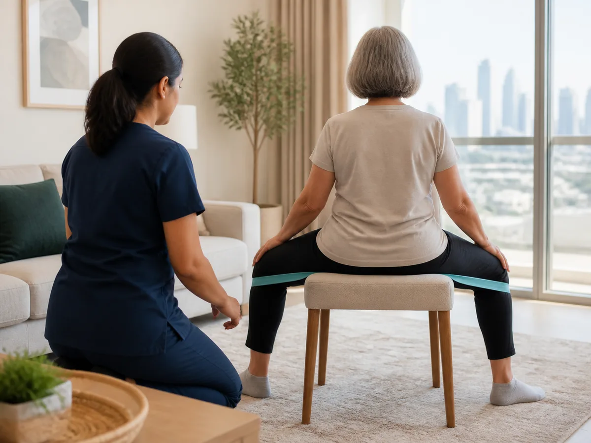 DPT, MSc Speech Therapy, German-certified Lymphedema Physiotherapist, DHA & MOH licensed guiding a seated hip-abduction exercise with a patient recovering at home in Dubai