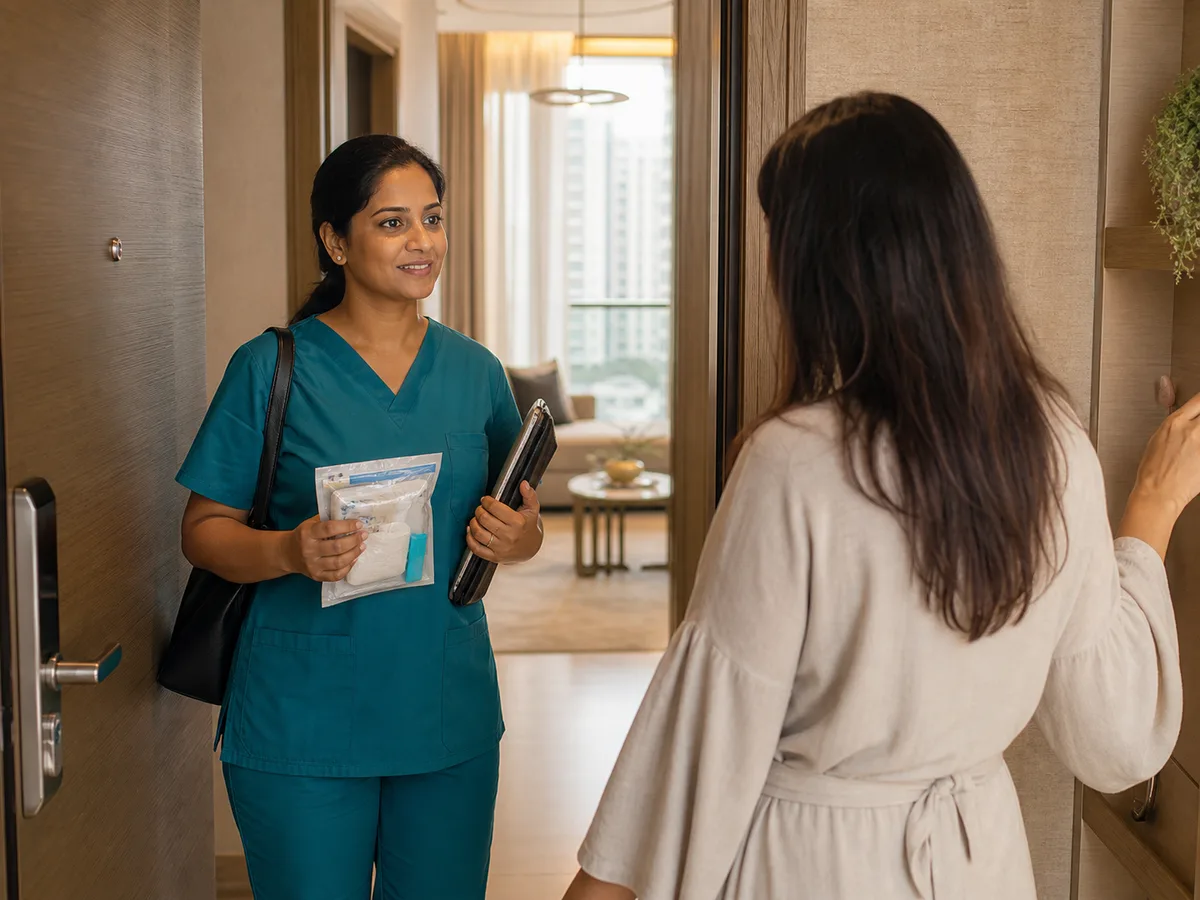 Same home nurse arriving on a second visit, holding a sterile single-use dressing kit and a patient chart, greeted at the door of a Dubai apartment, warm afternoon light