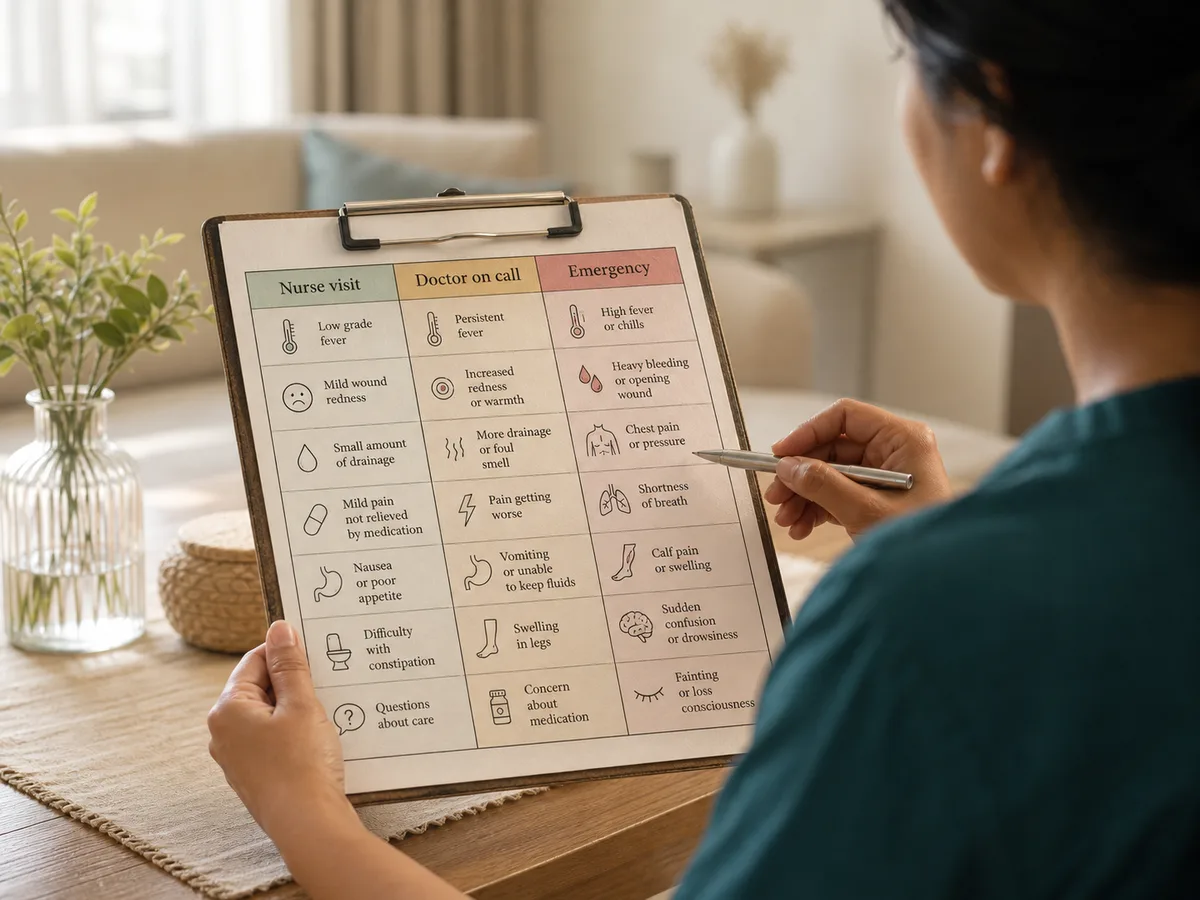 Red-flag escalation chart for post-op symptoms with three coloured columns labeled Nurse visit, Doctor on call, Emergency, populated with symptoms like fever, wound drainage, calf pain, chest pain, sudden confusion, charcoal linework on bone paper