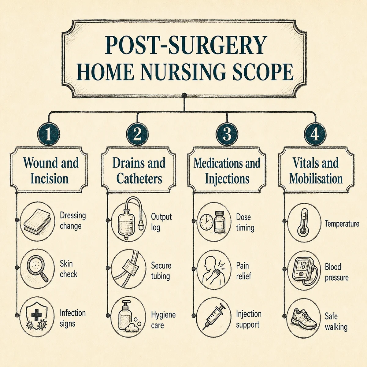 Decision diagram of post-surgery home nursing scope: four numbered branches labeled Wound and Incision, Drains and Catheters, Medications and Injections, Vitals and Mobilisation, with sub-tasks under each, charcoal hand-drawn lines on bone paper, deep teal accent labels