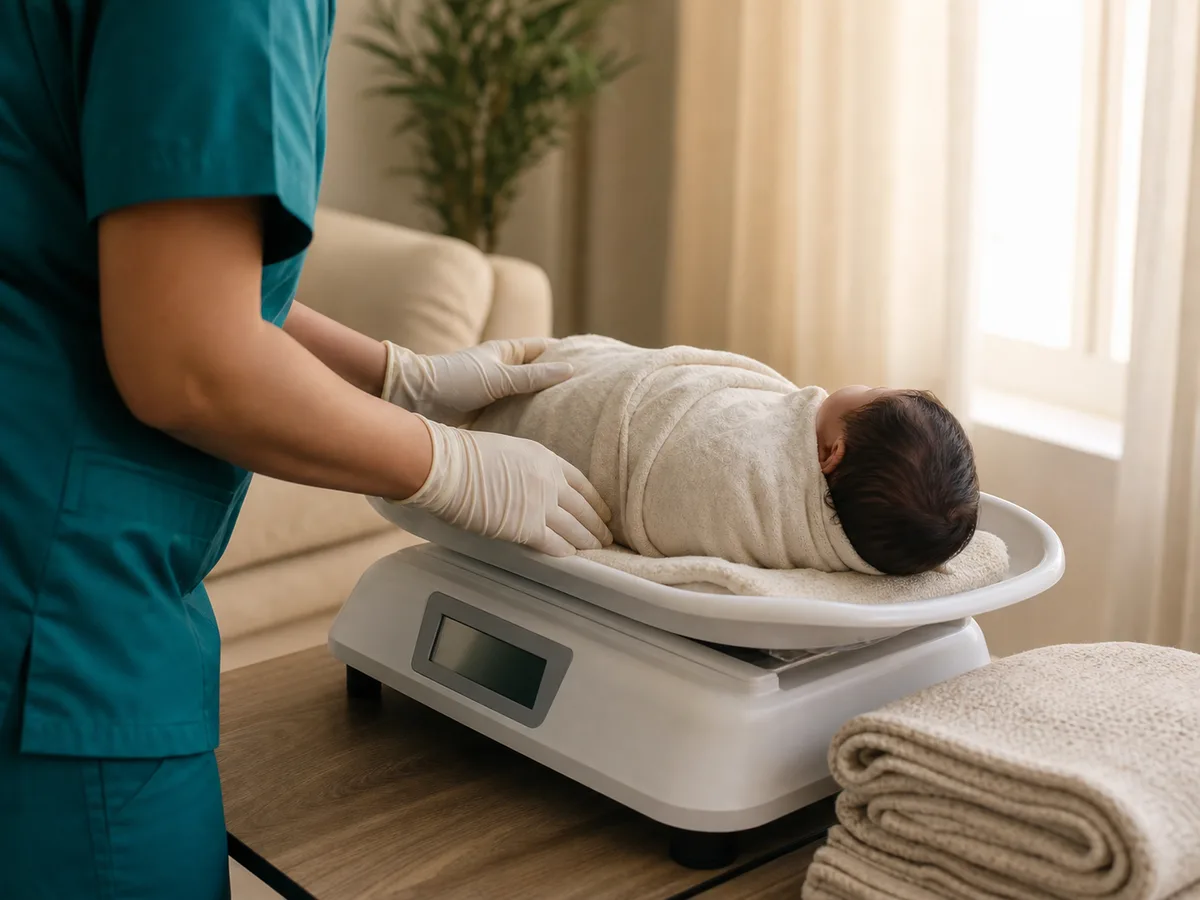 A home nurse weighing a swaddled newborn on a portable infant scale beside a folded blanket, hands and equipment in frame, no faces