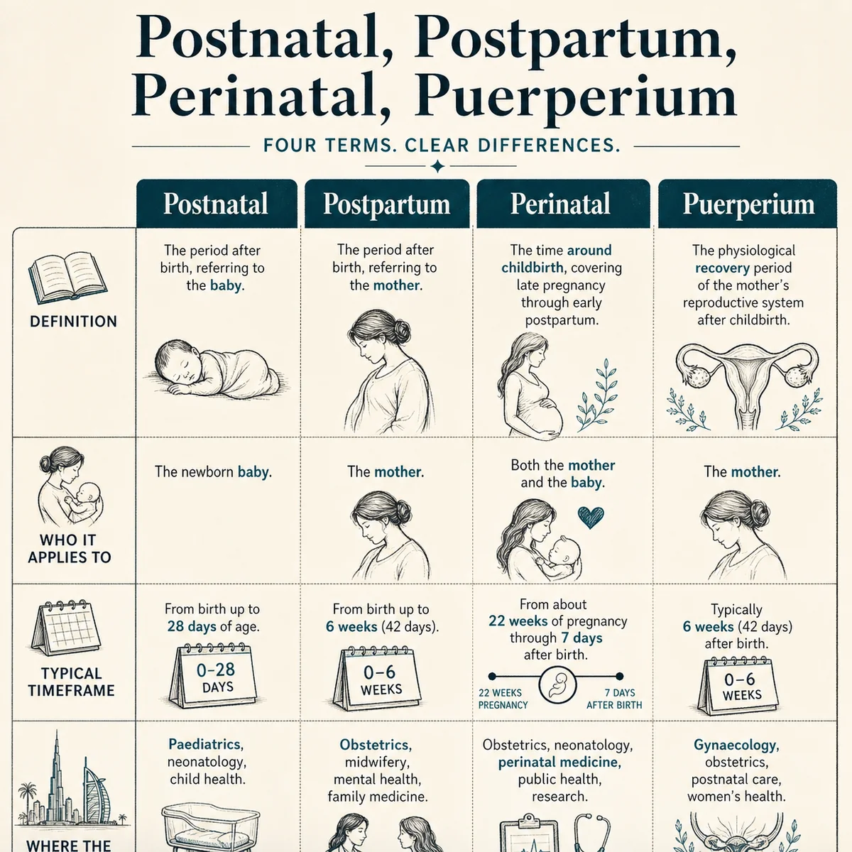 Side-by-side comparison of four terms: postnatal, postpartum, perinatal, puerperium. Four labeled columns showing definition, who it applies to, typical timeframe, and where the term is used. Charcoal linework on cream background with a single deep teal accent, hand-drawn editorial infographic style, no photographic faces