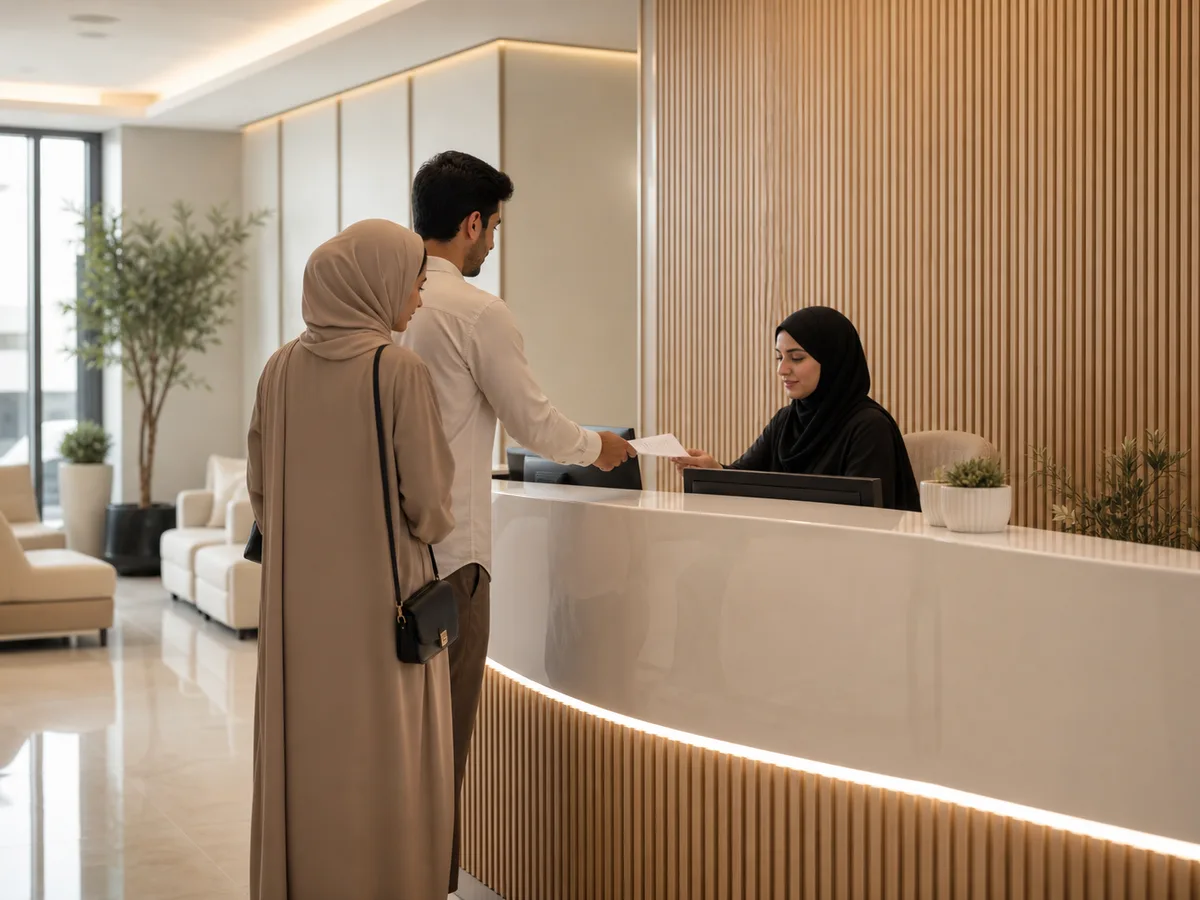 Reception desk at a Dubai medical fitness center, a couple checking in for a premarital screening appointment
