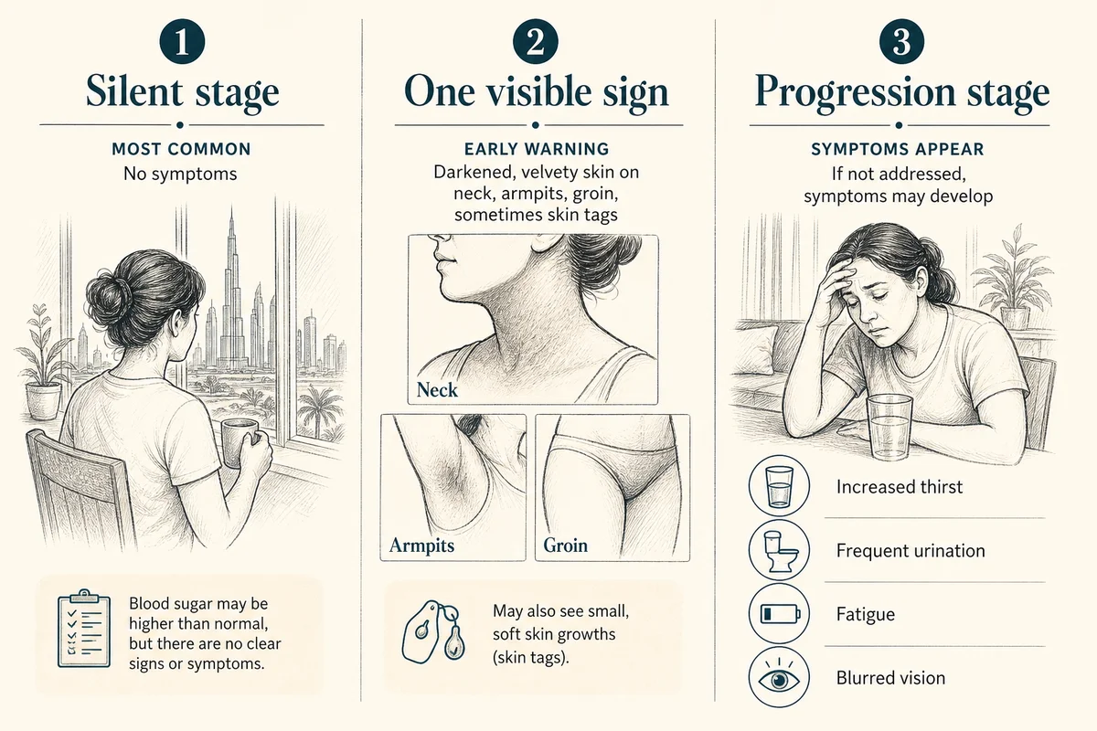 Three-column comparison graphic: Silent stage (most common, no symptoms) vs One visible sign (darkened velvety skin on neck, armpits, groin, sometimes skin tags) vs Progression stage (increased thirst, frequent urination, fatigue, blurred vision), charcoal hand-drawn linework, deep teal accent, legible column headers
