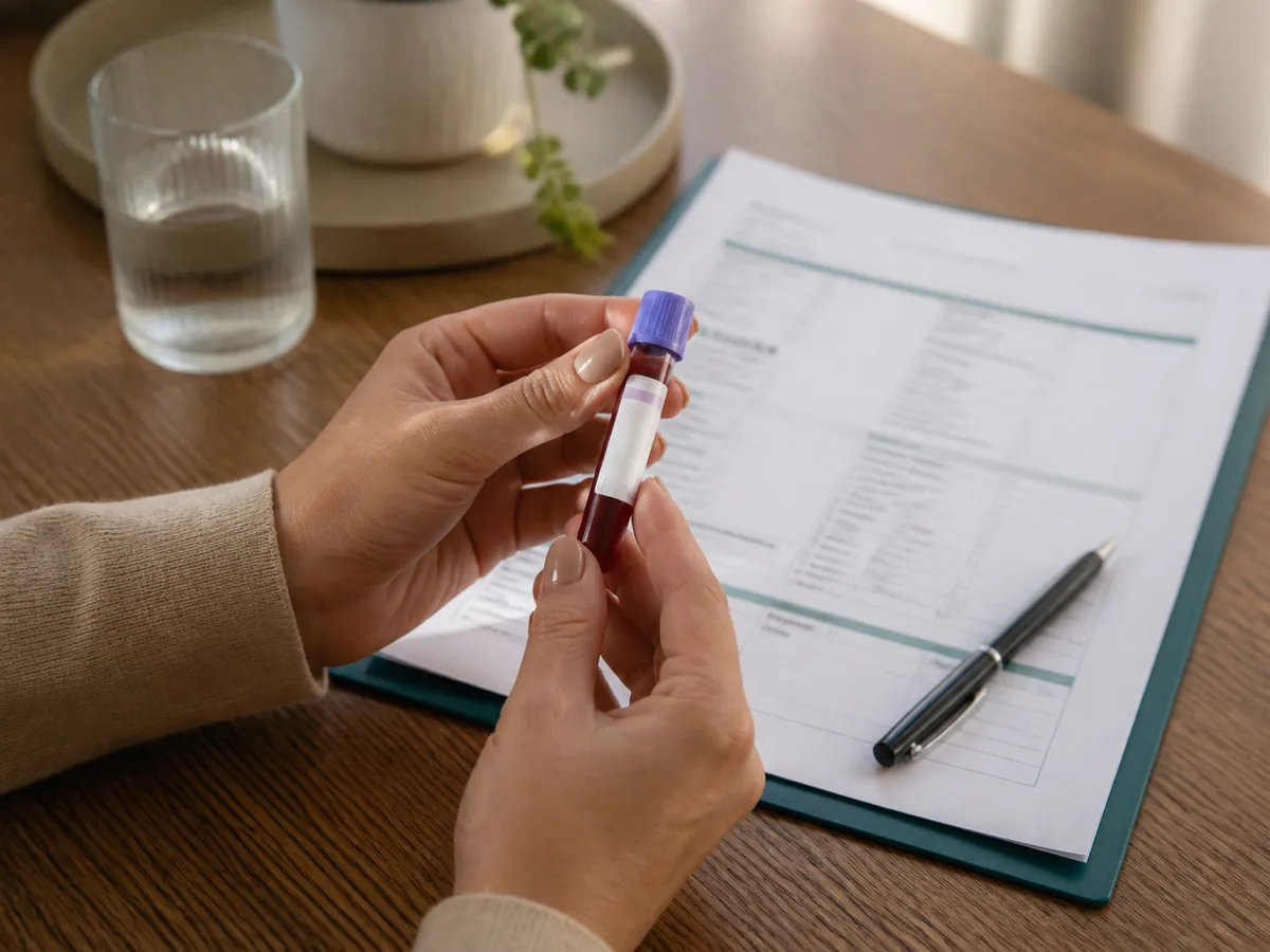 Close-up of hands holding a small labeled blood collection tube beside a home lab requisition form on a wooden table