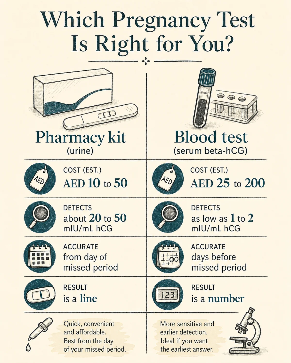 Two-column comparison: Pharmacy kit (urine), AED 10 to 50, detects about 20 to 50 mIU/mL hCG, accurate from day of missed period, result is a line. Blood test (serum beta-hCG), AED 25 to 200, detects as low as 1 to 2 mIU/mL, accurate days before missed period, result is a number. Charcoal hand-drawn linework, deep-teal accent, bone background, legible labels