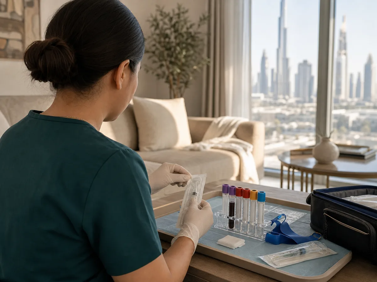 A DHA-licensed nurse preparing a blood draw kit on a tray in a Dubai living room, home healthcare setting, natural daylight