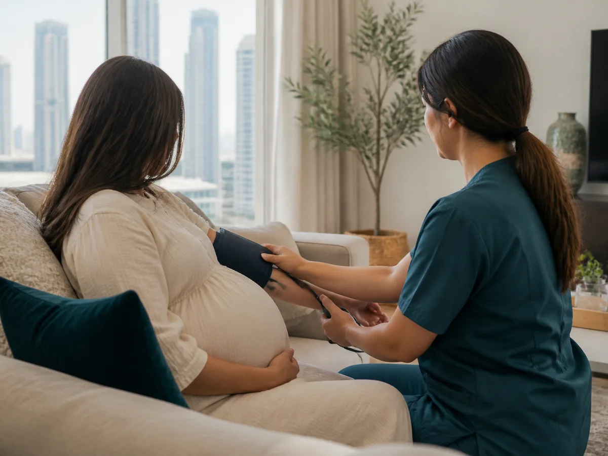 DHA-licensed nurse taking a pregnant client's blood pressure in a Dubai living room, calm and reassuring moment, home setting