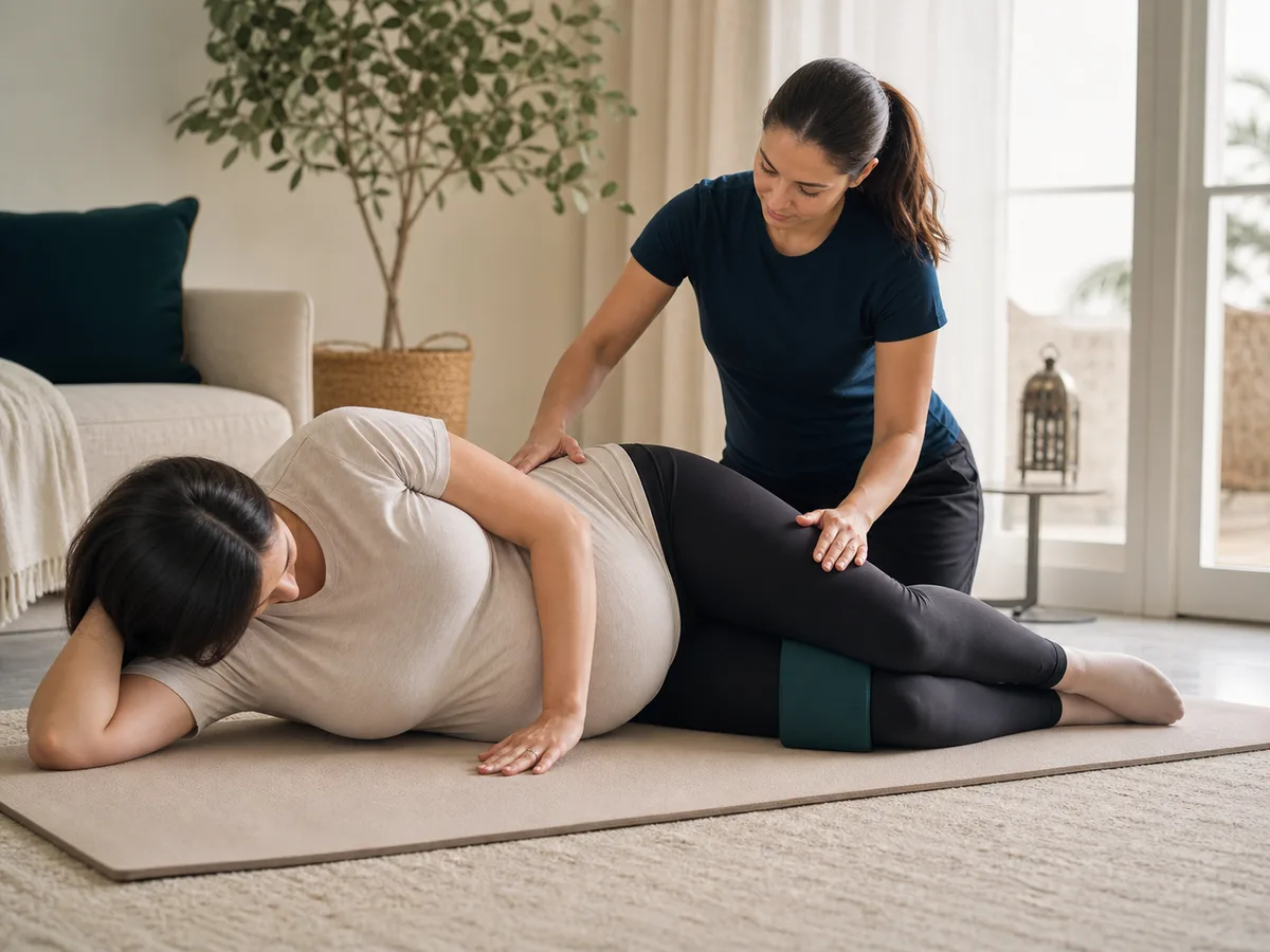 Side-lying pelvic floor and glute activation work on a soft mat at home, physiotherapist's hand guiding alignment at the hip, neutral natural light, third-trimester scene
