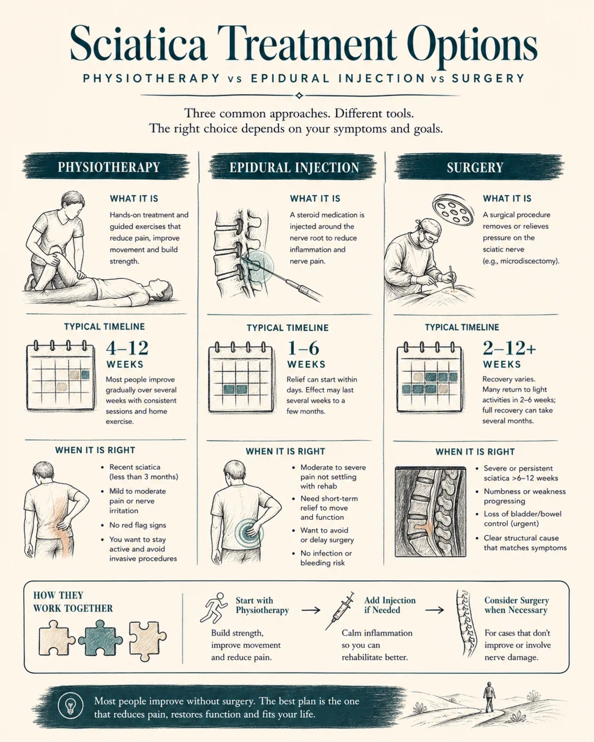Comparison columns: physiotherapy vs epidural injection vs surgery for sciatica. Each column lists what it is, typical timeline, and when it is right. Charcoal hand-drawn linework, deep teal accent, bone-coloured background, legible labels