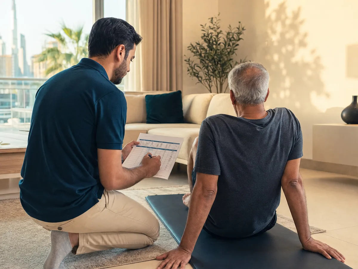 Same physiotherapist kneeling beside an older man on a treatment mat in his Dubai living room, taking notes on a printed recovery chart, warm afternoon light