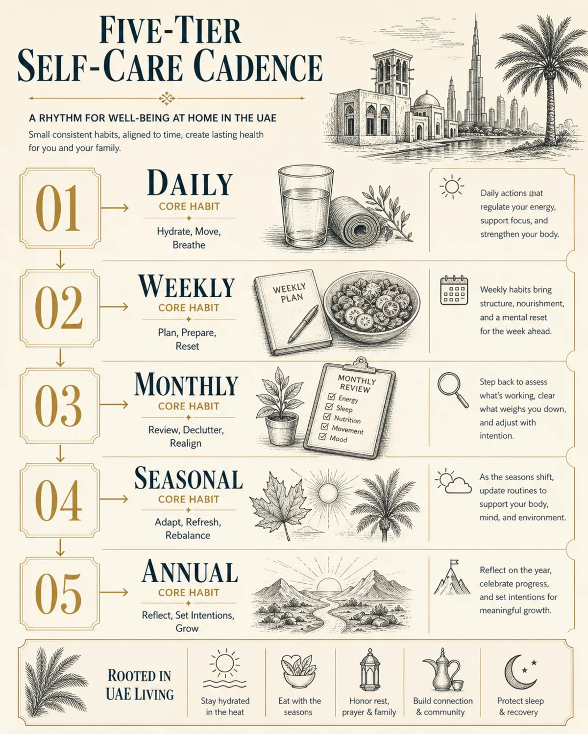 Five-tier self-care cadence chart: Daily, Weekly, Monthly, Seasonal, Annual, each labeled with its core habit, charcoal hand-drawn linework, pale-gold numbered labels and thin connector arrows, bone background, 1900s scientific-plate style